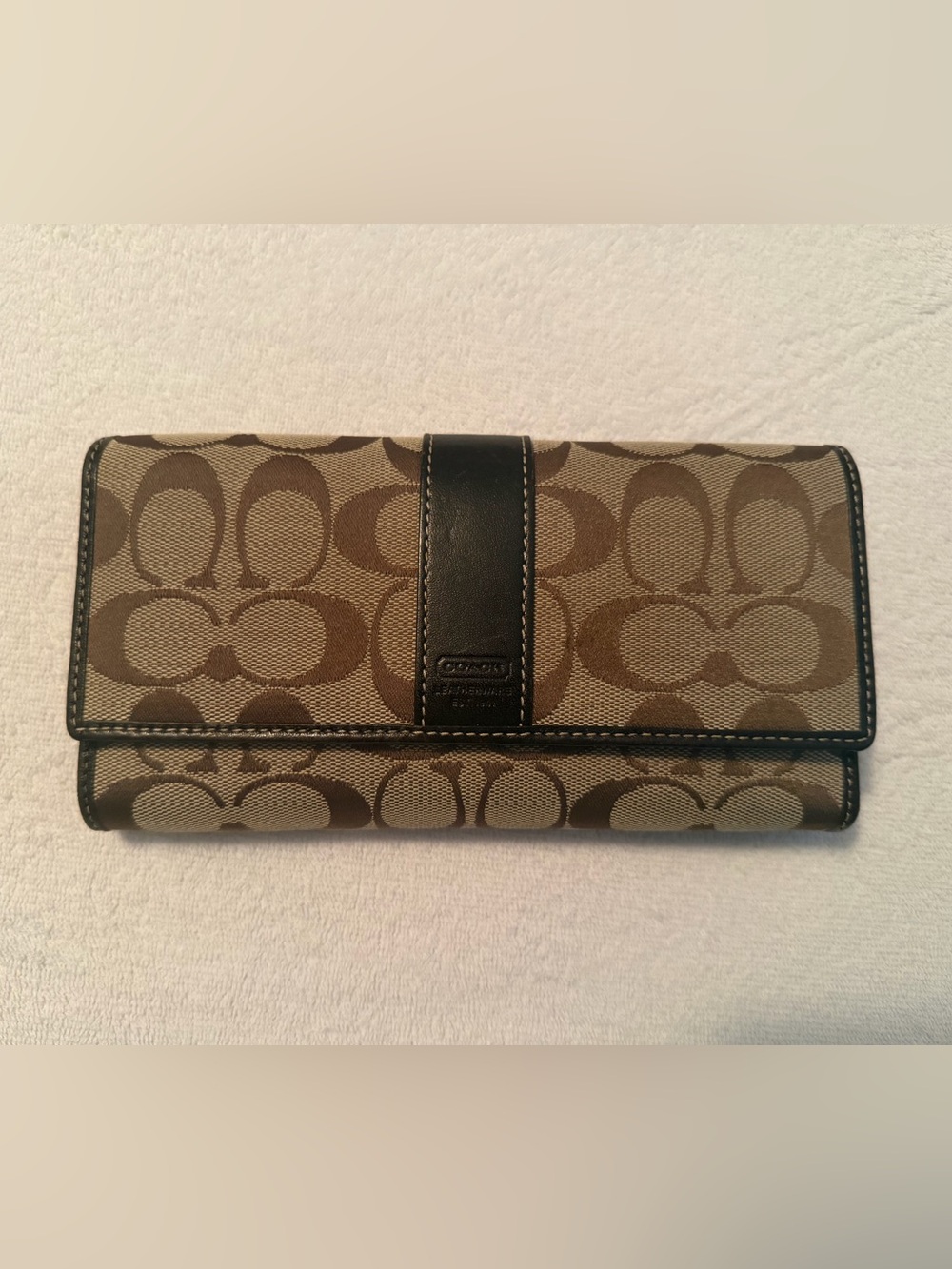 Coach Khaki and Brown Signature Continental Wallet with Black Trim